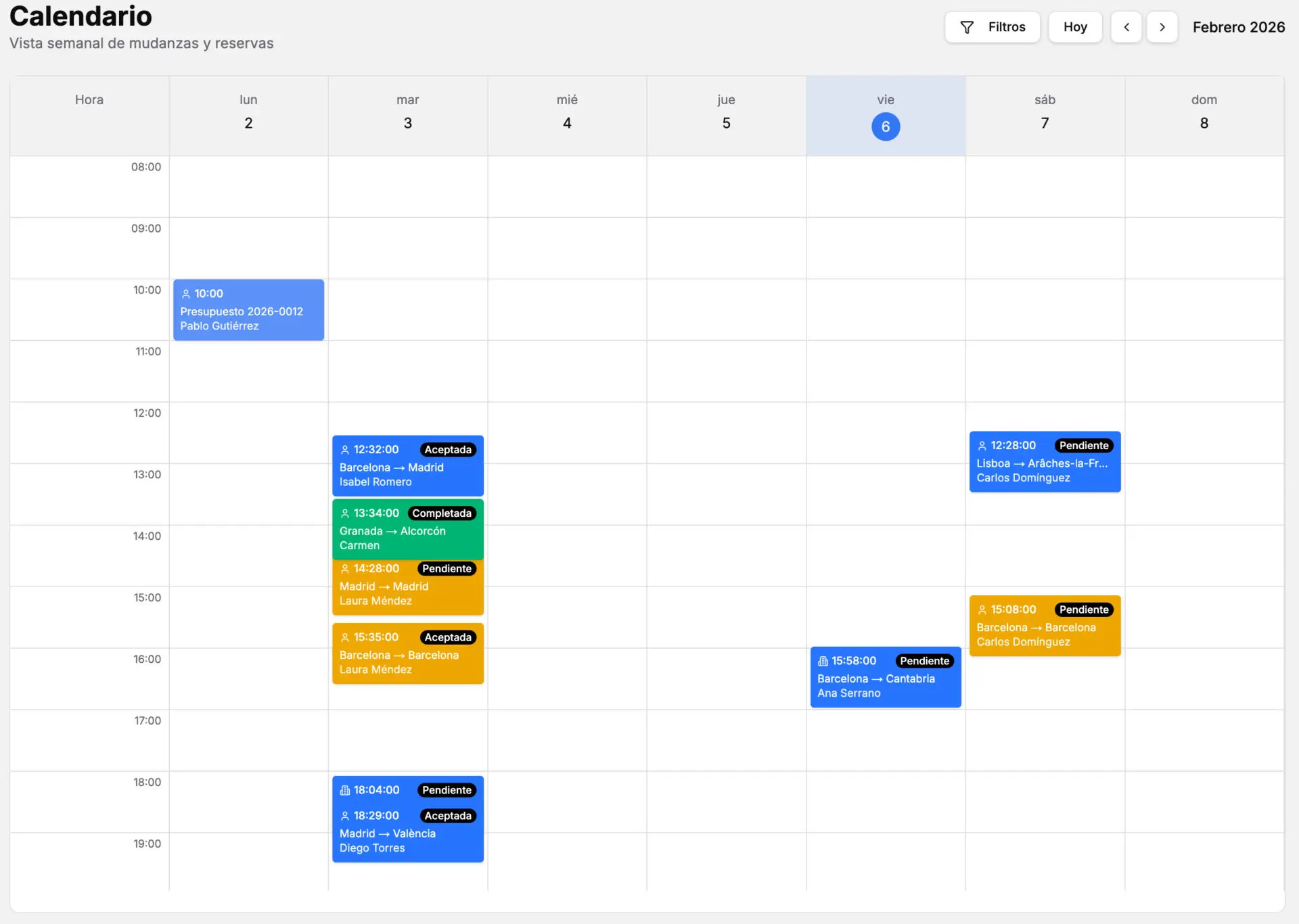 Calendario avanzado organizacion crm mudanzas software
