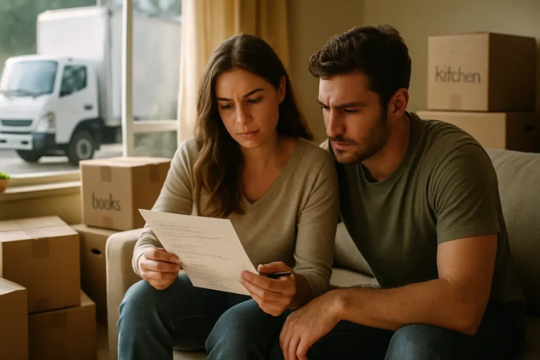 Camion de mudanzas frente a edificio con cajas