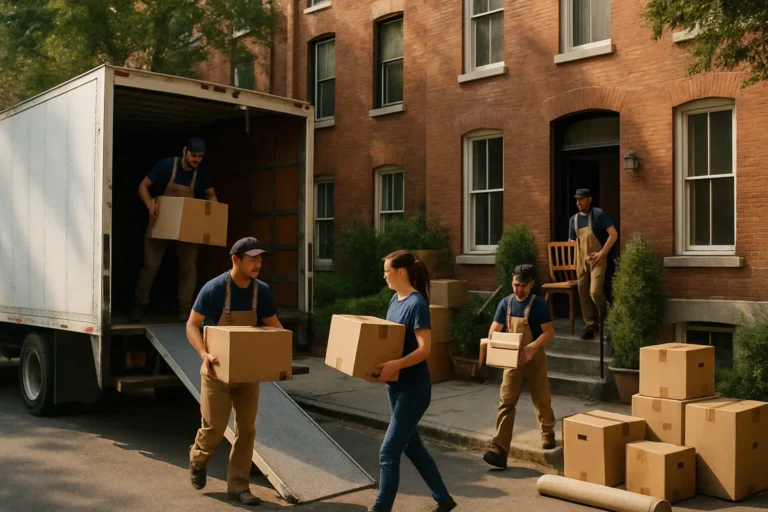 Equipo de mudanza organizando cajas en interior