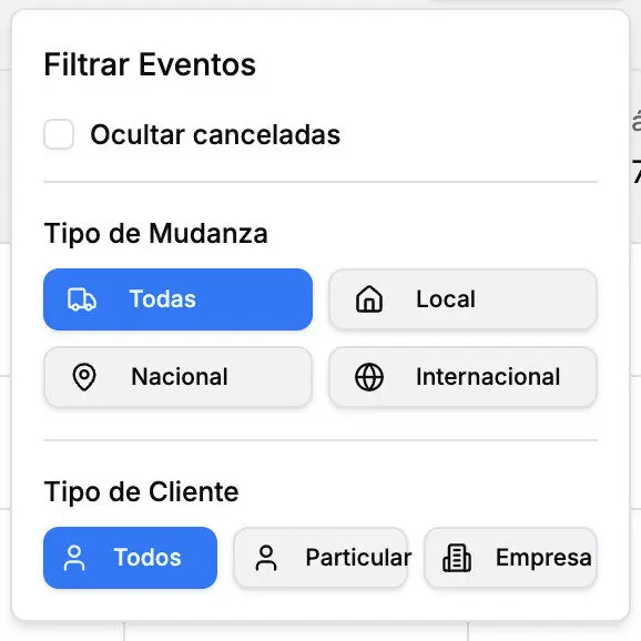 Filtros calendario avanzado crm mudanzas