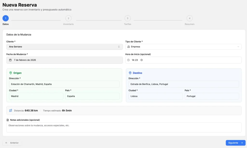 Reservas control total empresa mudanzas crm